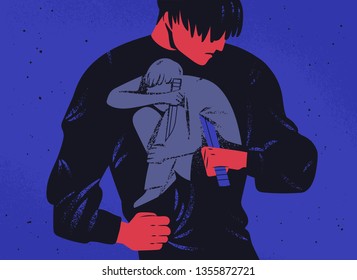 Sad Man And His Inner Personality Holding Knife. Concept Of Internal Fight, War, Struggle With Self, Wrestle With Depression. Mental Breakdown, Psychological Problem. Modern Flat Vector Illustration.