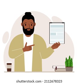 Sad man holding a clipboard with a document and points his finger at it. Vector flat illustration