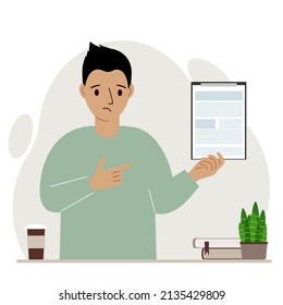 Sad man holding a clipboard with a document and points his finger at it. Vector flat illustration