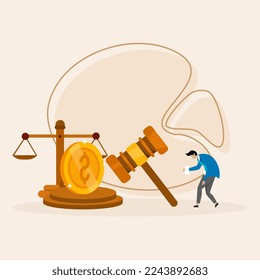 sad man holding fine notice with legal gavel over pile of money coins, Fine fine for paying legal notice, prohibited fees and charges, traffic fee bill concept.