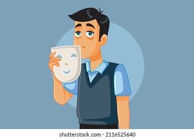 
Sad Man Holding a Happy Mask on for Society Vector Cartoon. Guy pretending to be smiling hiding negativity and depression
