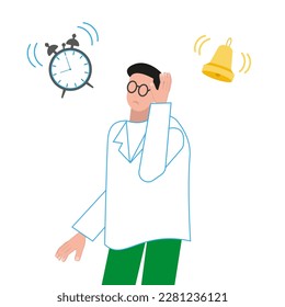 
A sad man is holding his head, an alarm clock and a bell are ringing around him. Deadline concept. Vector illustration