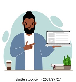 Sad man holding a laptop computer with one hand and pointing at it with the other. Laptop computer technology concept. Vector flat illustration