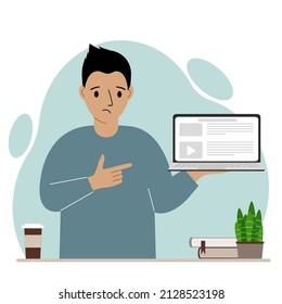 Sad man holding a laptop computer with one hand and pointing at it with the other. Laptop computer technology concept. Vector flat illustration