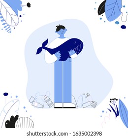 Sad man holding a whale with a plastic waste near him. Save the ocean from plastic pollution illustration. Suffering animals.
