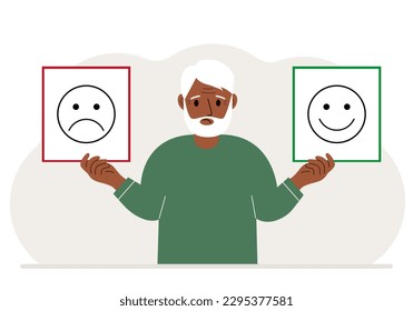 Sad man holds a card with a sad emoji in one hand and a smiling emoji in the other hand. The concept of emotions, masks or psychological help. Vector flat illustration