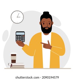 A sad man holds a digital calculator in his hand and gestures, pointing with the finger of his other hand to the calculator. Vector flat illustration