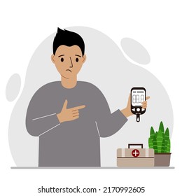 Sad man holds a glucometer in his hand. The concept of blood sugar control, diabetic. Vector flat illustration