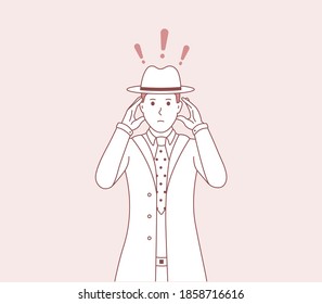 Sad man holds his head. Vector illustration of a person who has a headache or who is tired, a person in a panic. Men detective cartoon art
