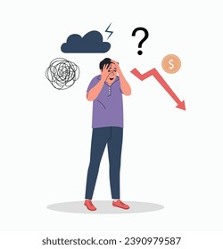 Sad man  holds his head with his hands. Doldrums concept. Vector flat cartoon  illustration