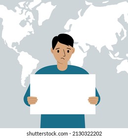 A sad man holds and shows a white blank sheet, or a poster. Against the backdrop of the karate of the world. Vector flat illustration