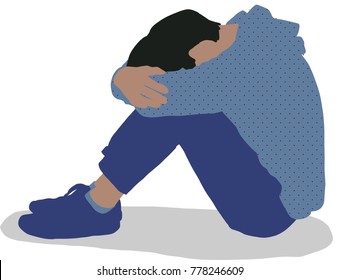  Sad Man Hugs His Knee On White Background, Very Young Sad Man Sitting Alone