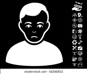 Sad Man icon with bonus quad copter service images. Vector illustration style is flat iconic white symbols on black background.