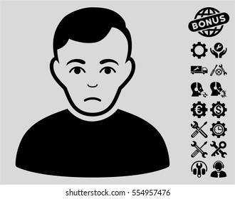 Sad Man icon with bonus tools graphic icons. Vector illustration style is flat iconic black symbols on light gray background.