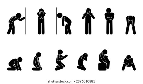 sad man icon, collection of depressed people, stick figure, isolated human silhouettes