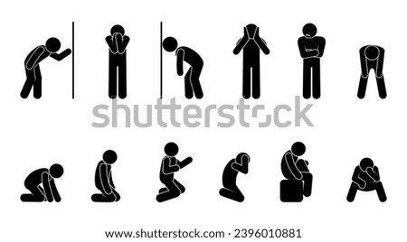 sad man icon, collection of depressed people, stick figure, isolated human silhouettes