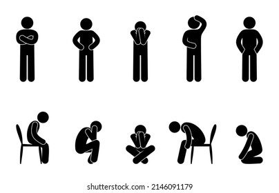 sad man icon, fatigue and pain illustration, stickman in depression, stick figure human silhouette