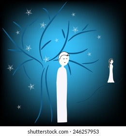 sad man  illustration under winter tree 