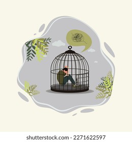 Encerramiento de los hombres tristes en la jaula, necesidad de ayuda psicológica, ilustración o concepto de aislamiento social