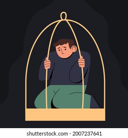 Sad man locked in the cage. Inner prison  in birdcage. Despair and depression concept. Hand drawn vector cartoon style illustration