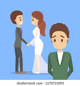 Sad man looking at happy romantic wedding couple. Jealousy and envy. Unrequited love. Flat vector illustration