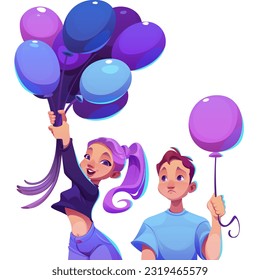 Sad man looking at happy woman with bunch of air balloons. Girl celebrating success, guy jealous. Marketing concept of loyalty program, discount, sale, good price offer. Vector cartoon illustration