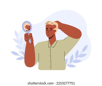 Hombre triste mirando en el espejo su frente calva, ilustración vectorial plana aislada en fondo blanco. Jóvenes que sufren de alopecia. Carácter perdiendo el pelo.