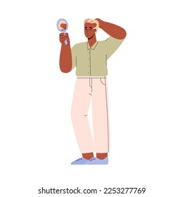Sad man looking in the mirror at his balding head, flat vector illustration isolated on white background. Frustrated character with alopecia problem.