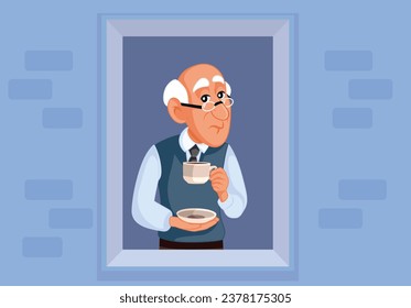 
Sad Man Looking Out the Window Drinking Coffee Vector Illustration. Unhappy grandpa feeling alone at home dealing solitude in retirement 
