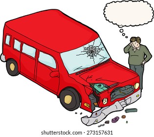Sad man looking at smashed up car and windshield