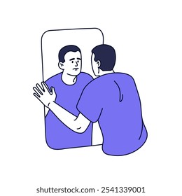 El hombre triste mira al espejo, se desespera. Una persona desesperada tiene baja autoestima, problemas con la personalidad. El personaje en la depresión odia su reflejo. Ilustración vectorial de contorno aislada plana en blanco