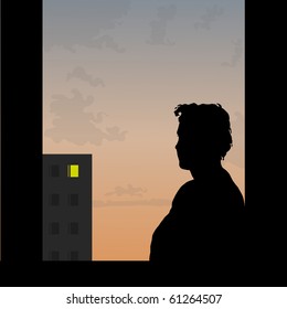 Sad man looks at window of the beloved on a decline (eps10)