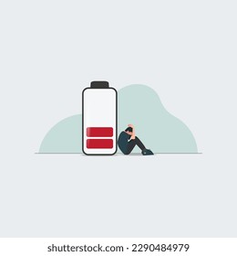 Sad man with low battery illustration. Mentally down concept