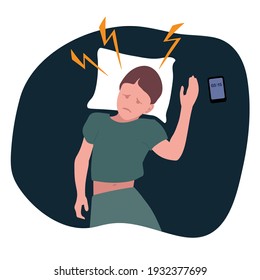 Sad Man lying in bed with eyes open. Man in pajamas cannot sleep. Insomnia and tired, sleeplessness and thinking. Character who cant sleep, depressed person. Vector illustration in Flat style