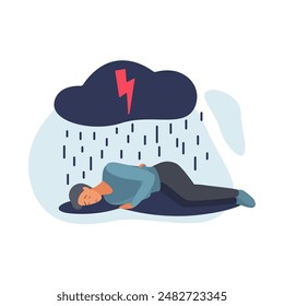 Sad man lying under rain from dark cloud of depression and anxiety vector illustration