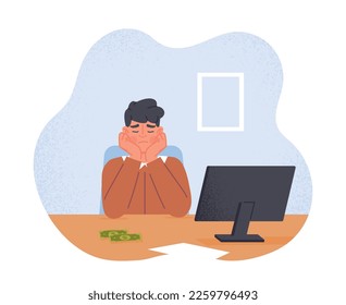 Sad man with money at workplace. Young guy with low salary and earnings, character sits at monitor with banknotes on table. Unequal pay at work. Poor worker. Cartoon flat vector illustration