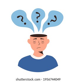 Sad man with nervous problem feel depressed with question mark in bubble above head vector illustration. Mental disorder, chaos in consciousness. Boy thinking about problem, answering inner questions.