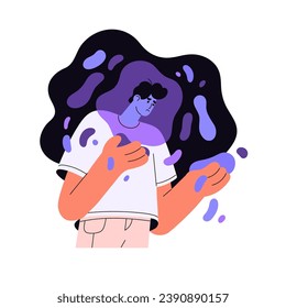 Sad man with obsessive thoughts. Lonely boy despair in depression. Upset person thinking about feelings. People with mental disorders. Psychology flat isolated vector illustration on white background