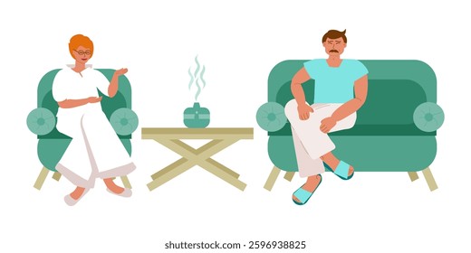 Sad man in the office of a psychotherapist, psychiatrist, psychologist discusses personal problems, internal disharmony, conflicts in family life, mental health with a specialist 