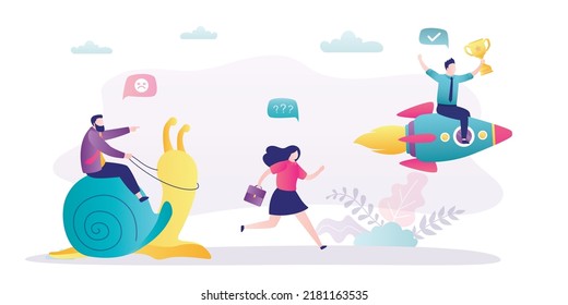 Hombre triste y caracol tratando de ponerse al día con sus rivales. Emprendedor en cohete gana competencia empresarial. Liderazgo y superación de dificultades. La mujer de negocios trata de alcanzar el objetivo primero. Ilustración del vector