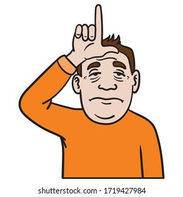 a sad man in an orange sweater makes an L with his hand in front of his forehead. loser, sad, depression, comic.