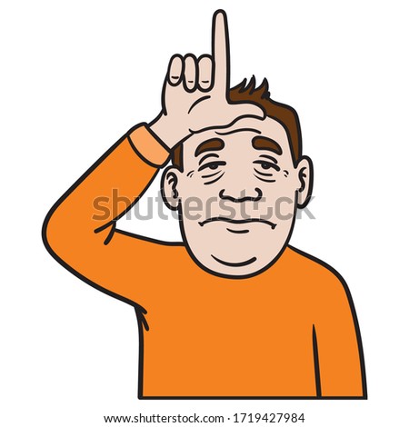a sad man in an orange sweater makes an L with his hand in front of his forehead. loser, sad, depression, comic.