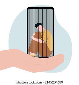 Sad man with phone addiction. Guy sits behind bars. Male user addicted to virtual reality. Bad habit and unhealthy lifestyle. Idea of medical treatment for addicted people. Flat vector illustration