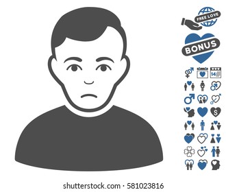 Sad Man pictograph with bonus decoration icon set. Vector illustration style is flat iconic cobalt and gray symbols on white background.