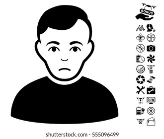 Sad Man pictograph with bonus drone tools images. Vector illustration style is flat iconic black symbols on white background.
