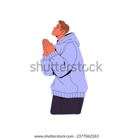 Sad man placed his hands in pray. People feel guilty, bad. Distressed guy ask excuse, beg about apologize. Broken male in hoodie request, plead. Flat isolated vector illustration on white background