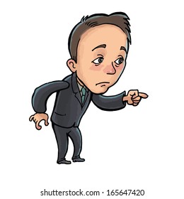 sad man points a finger forward. vector drawing of a series of comic characters.