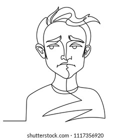 Sad Man Portrait One Line Art. Unhappy Male Facial Expression. Hand Drawn Linear Man Silhouette. Vector illustration