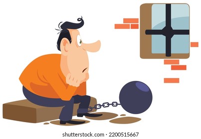Hombre triste en celda de prisión. Gente divertida. Plantilla de concepto de ilustración para sitio web, página de inicio web, banner, presentación, social, afiche, promoción o medios impresos.