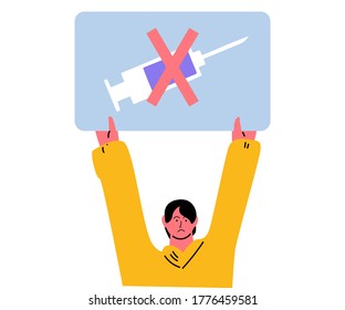 Sad man protesting against vaccination from disease with placard in raised hands